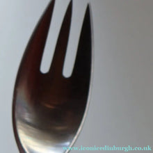 Load image into Gallery viewer, 1950s. Set of Three Vintage DANSK Fjord Pattern Three-Prong Pastry Forks. Stainless Steel with Teak Handles. 6 1/2 inches
