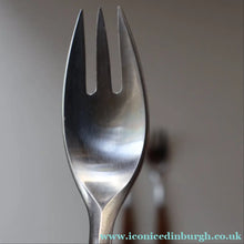 Load image into Gallery viewer, 1950s. Set of Three Vintage DANSK Fjord Pattern Three-Prong Pastry Forks. Stainless Steel with Teak Handles. 6 1/2 inches
