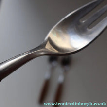 Load image into Gallery viewer, 1950s. Set of Three Vintage DANSK Fjord Pattern Three-Prong Pastry Forks. Stainless Steel with Teak Handles. 6 1/2 inches
