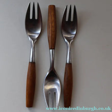 Load image into Gallery viewer, 1950s. Set of Three Vintage DANSK Fjord Pattern Three-Prong Pastry Forks. Stainless Steel with Teak Handles. 6 1/2 inches
