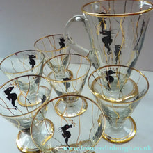 Load image into Gallery viewer, Set of SIX 1950s Cocktail Glasses Decorated with Seahorses. Plus Tall Glass Mixing Jug
