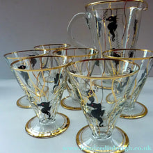 Load image into Gallery viewer, Set of SIX 1950s Cocktail Glasses Decorated with Seahorses. Plus Tall Glass Mixing Jug
