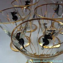 Load image into Gallery viewer, Set of SIX 1950s Cocktail Glasses Decorated with Seahorses. Plus Tall Glass Mixing Jug
