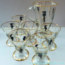 Load image into Gallery viewer, Set of SIX 1950s Cocktail Glasses Decorated with Seahorses. Plus Tall Glass Mixing Jug
