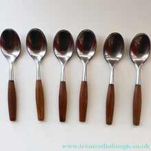 Load image into Gallery viewer, 1950s. Set of Six Vintage DANSK Fjord Pattern Dessert or Soup Spoons. Stainless Steel with Teak Handles. 7 1/8 inches
