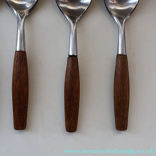 Load image into Gallery viewer, 1950s. Set of Six Vintage DANSK Fjord Pattern Dessert or Soup Spoons. Stainless Steel with Teak Handles. 7 1/8 inches
