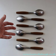 Load image into Gallery viewer, 1950s. Set of Six Vintage DANSK Fjord Pattern Dessert or Soup Spoons. Stainless Steel with Teak Handles. 7 1/8 inches
