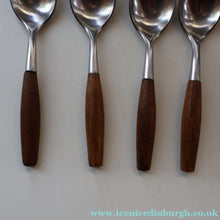 Load image into Gallery viewer, 1950s. Set of Six Vintage DANSK Fjord Pattern Dessert or Soup Spoons. Stainless Steel with Teak Handles. 7 1/8 inches
