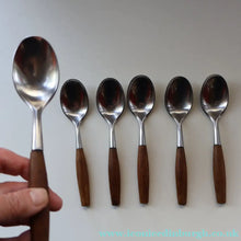 Load image into Gallery viewer, 1950s. Set of Six Vintage DANSK Fjord Pattern Dessert or Soup Spoons. Stainless Steel with Teak Handles. 7 1/8 inches
