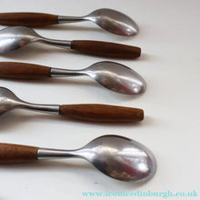 Load image into Gallery viewer, 1950s. Set of Six Vintage DANSK Fjord Pattern Dessert or Soup Spoons. Stainless Steel with Teak Handles. 7 1/8 inches
