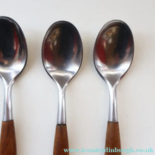 Load image into Gallery viewer, 1950s. Set of Six Vintage DANSK Fjord Pattern Dessert or Soup Spoons. Stainless Steel with Teak Handles. 7 1/8 inches
