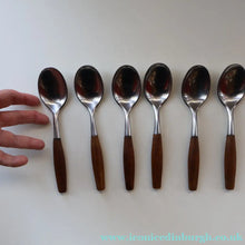 Load image into Gallery viewer, 1950s. Set of Six Vintage DANSK Fjord Pattern Dessert or Soup Spoons. Stainless Steel with Teak Handles. 7 1/8 inches
