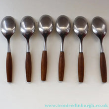 Load image into Gallery viewer, 1950s. Set of Six Vintage DANSK Fjord Pattern Dessert or Soup Spoons. Stainless Steel with Teak Handles. 7 1/8 inches
