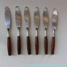 Load image into Gallery viewer, 1950s. Set of Six Vintage DANSK Fjord Pattern Dinner Knives. Stainless Steel with Teak Handles. 8 1/4 inches

