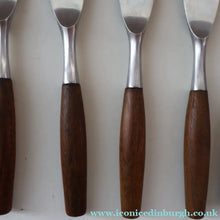 Load image into Gallery viewer, 1950s. Set of Six Vintage DANSK Fjord Pattern Dinner Knives. Stainless Steel with Teak Handles. 8 1/4 inches
