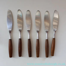 Load image into Gallery viewer, 1950s. Set of Six Vintage DANSK Fjord Pattern Dinner Knives. Stainless Steel with Teak Handles. 8 1/4 inches
