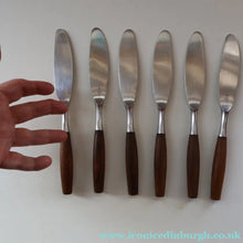 Load image into Gallery viewer, 1950s. Set of Six Vintage DANSK Fjord Pattern Dinner Knives. Stainless Steel with Teak Handles. 8 1/4 inches
