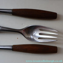 Load image into Gallery viewer, 1950s. Set of Six Vintage DANSK Fjord Pattern Four-Prong Forks. Stainless Steel with Teak Handles. 7 1/4 inches

