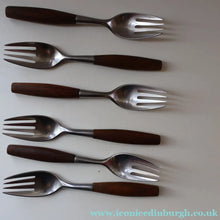 Load image into Gallery viewer, 1950s. Set of Six Vintage DANSK Fjord Pattern Four-Prong Forks. Stainless Steel with Teak Handles. 7 1/4 inches
