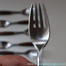 Load image into Gallery viewer, 1950s. Set of Six Vintage DANSK Fjord Pattern Four-Prong Forks. Stainless Steel with Teak Handles. 7 1/4 inches
