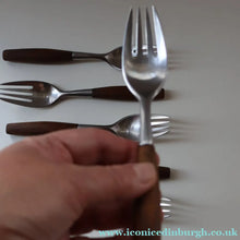 Load image into Gallery viewer, 1950s. Set of Six Vintage DANSK Fjord Pattern Four-Prong Forks. Stainless Steel with Teak Handles. 7 1/4 inches

