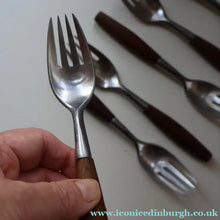 Load image into Gallery viewer, 1950s. Set of Six Vintage DANSK Fjord Pattern Four-Prong Forks. Stainless Steel with Teak Handles. 7 1/4 inches
