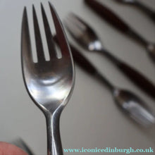 Load image into Gallery viewer, 1950s. Set of Six Vintage DANSK Fjord Pattern Four-Prong Forks. Stainless Steel with Teak Handles. 7 1/4 inches
