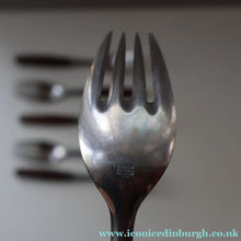 Load image into Gallery viewer, 1950s. Set of Six Vintage DANSK Fjord Pattern Four-Prong Forks. Stainless Steel with Teak Handles. 7 1/4 inches
