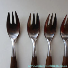 Load image into Gallery viewer, 1950s. Set of Six Vintage DANSK Fjord Pattern Three-Prong Pastry Forks. Stainless Steel with Teak Handles. 6 1/2 inches
