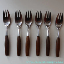 Load image into Gallery viewer, 1950s. Set of Six Vintage DANSK Fjord Pattern Three-Prong Pastry Forks. Stainless Steel with Teak Handles. 6 1/2 inches
