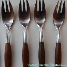 Load image into Gallery viewer, 1950s. Set of Six Vintage DANSK Fjord Pattern Three-Prong Pastry Forks. Stainless Steel with Teak Handles. 6 1/2 inches
