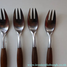 Load image into Gallery viewer, 1950s. Set of Six Vintage DANSK Fjord Pattern Three-Prong Pastry Forks. Stainless Steel with Teak Handles. 6 1/2 inches
