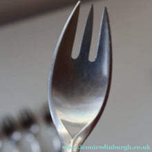 Load image into Gallery viewer, 1950s. Set of Six Vintage DANSK Fjord Pattern Three-Prong Pastry Forks. Stainless Steel with Teak Handles. 6 1/2 inches
