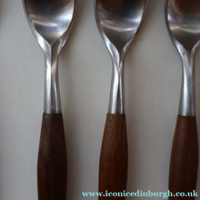 Load image into Gallery viewer, 1950s. Set of Six Vintage DANSK Fjord Pattern Three-Prong Pastry Forks. Stainless Steel with Teak Handles. 6 1/2 inches
