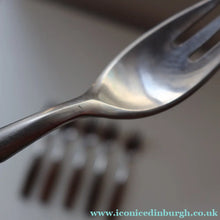 Load image into Gallery viewer, 1950s. Set of Six Vintage DANSK Fjord Pattern Three-Prong Pastry Forks. Stainless Steel with Teak Handles. 6 1/2 inches

