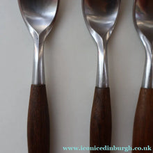 Load image into Gallery viewer, 1950s. Set of Six Vintage DANSK Fjord Pattern Three-Prong Pastry Forks. Stainless Steel with Teak Handles. 6 1/2 inches
