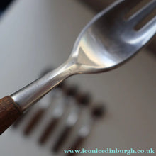 Load image into Gallery viewer, 1950s. Set of Six Vintage DANSK Fjord Pattern Three-Prong Pastry Forks. Stainless Steel with Teak Handles. 6 1/2 inches
