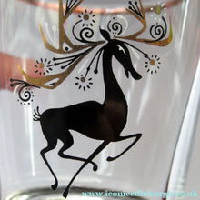 Load image into Gallery viewer, Black Reindeers. Vintage 1950s Set of Six Short Tumblers /  Glasses with Stylised Black and Gold Reindeer Design
