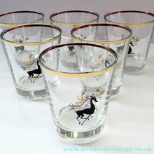 Load image into Gallery viewer, 1950s French Drinking Tumblers with Black and Gold Reindeer Pattern
