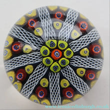 Load image into Gallery viewer, 1950s Strathearn / Vasart Glass Large Paperweight. Millefiori Canes and Latticino NIne Spoke Paperweight - Paperweight
