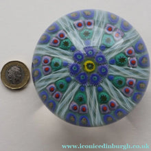 Load image into Gallery viewer, 1950s Strathearn / Vasart Glass Large Paperweight. Millefiori Canes and Latticino Nine Spoke Paperweight - Paperweight
