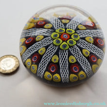 Load image into Gallery viewer, 1950s Strathearn / Vasart Glass Large Paperweight. Millefiori Canes and Latticino NIne Spoke Paperweight - Paperweight
