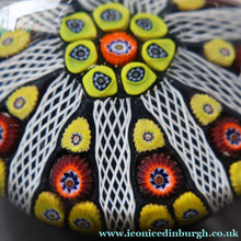 Load image into Gallery viewer, 1950s Strathearn / Vasart Glass Large Paperweight. Millefiori Canes and Latticino NIne Spoke Paperweight - Paperweight
