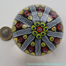 Load image into Gallery viewer, 1950s Strathearn / Vasart Glass Large Paperweight. Millefiori Canes and Latticino NIne Spoke Paperweight - Paperweight
