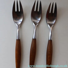 Load image into Gallery viewer, 1950s. Set of Three Vintage DANSK Fjord Pattern Three-Prong Pastry Forks. Stainless Steel with Teak Handles. 6 1/2 inches
