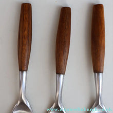 Load image into Gallery viewer, 1950s. Set of Three Vintage DANSK Fjord Pattern Three-Prong Pastry Forks. Stainless Steel with Teak Handles. 6 1/2 inches

