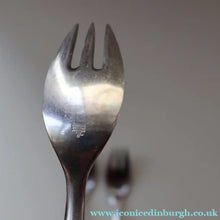 Load image into Gallery viewer, 1950s. Set of Three Vintage DANSK Fjord Pattern Three-Prong Pastry Forks. Stainless Steel with Teak Handles. 6 1/2 inches
