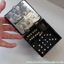 Load image into Gallery viewer, Vintage 1960s Toffee Tin with the Shape of a Black and White Dice (containing 28 dominoes)
