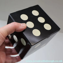 Load image into Gallery viewer, Vintage 1960s Toffee Tin with the Shape of a Black and White Dice (containing 28 dominoes)

