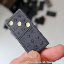 Load image into Gallery viewer, Vintage 1960s Toffee Tin with the Shape of a Black and White Dice (containing 28 dominoes)
